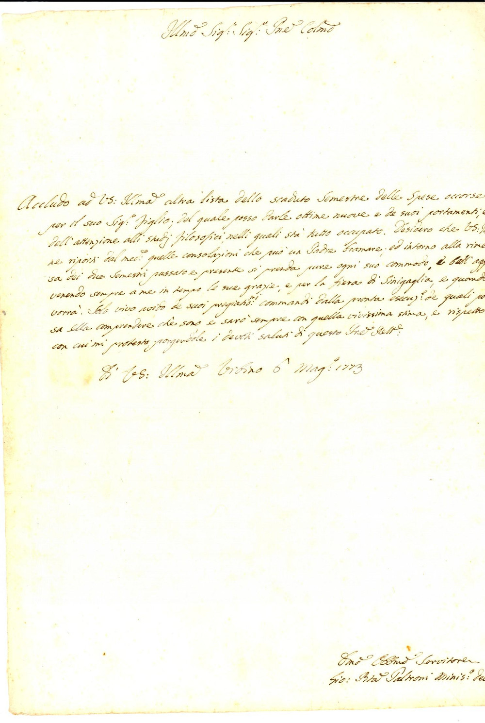 Documento originale, autentico 1773 URBINO Giovanni Battista PALTRONI al padre di un nobile collegiale Lettera 1