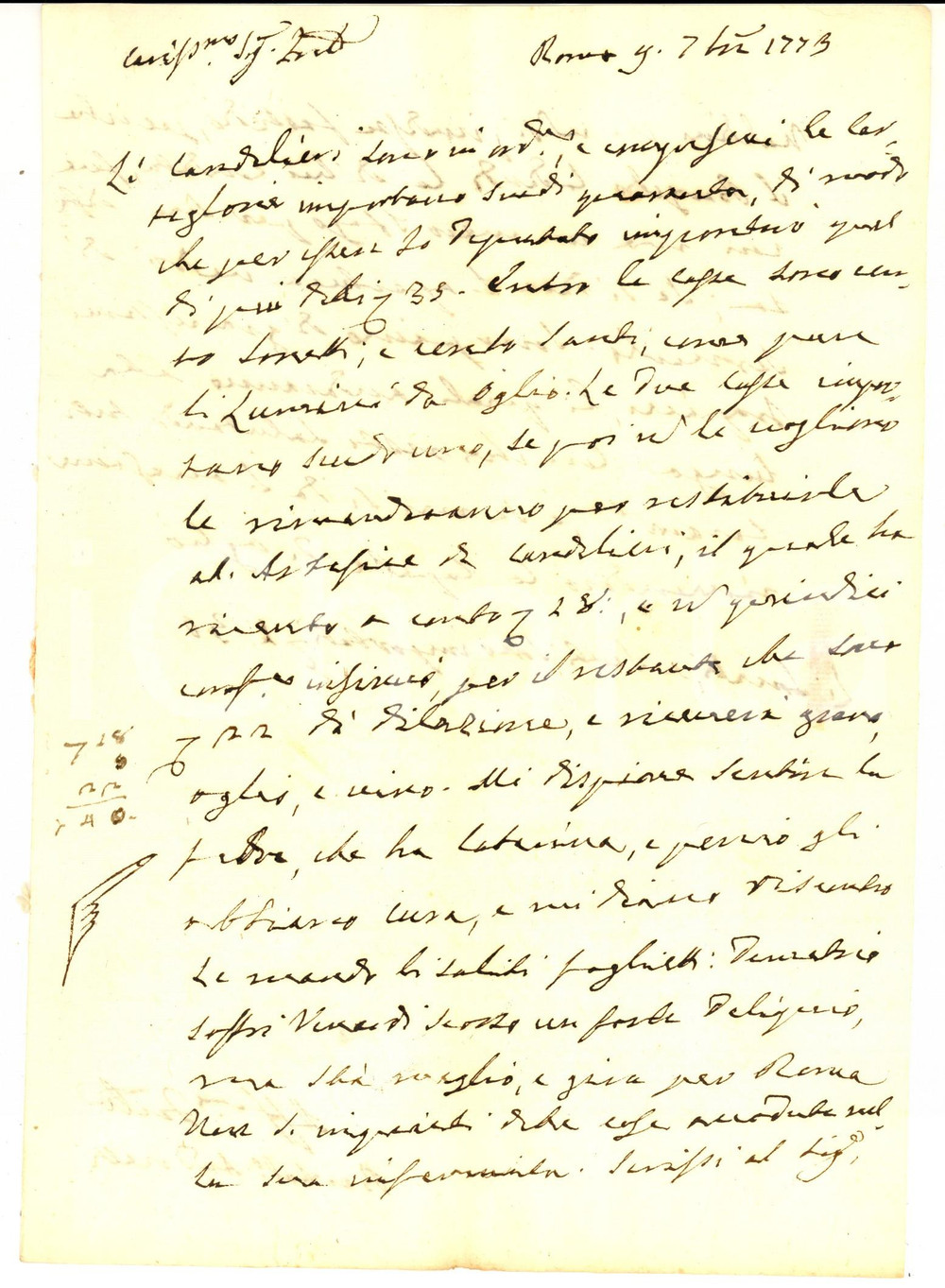 Manoscritto, lettera originale 1773 ROMA Bartolomeo ANDRETTI su ordine candelieri e lumini da olio Lettera 1