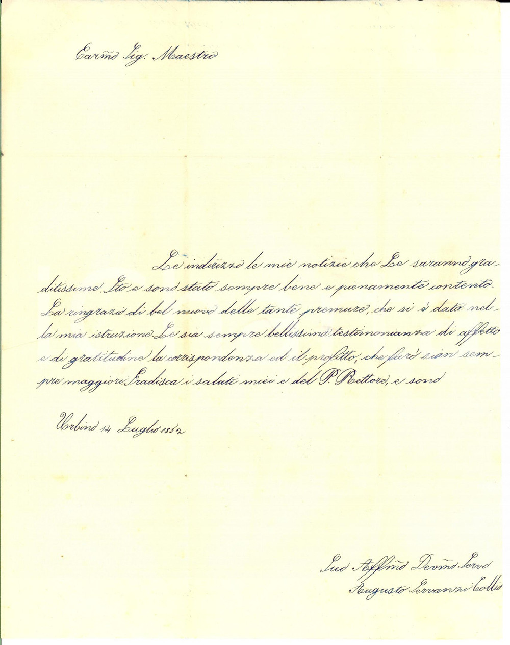 Autografo originale 1852 URBINO Conte Augusto SERVANZI COLLIO ringrazia il suo professore AUTOGRAFO 1