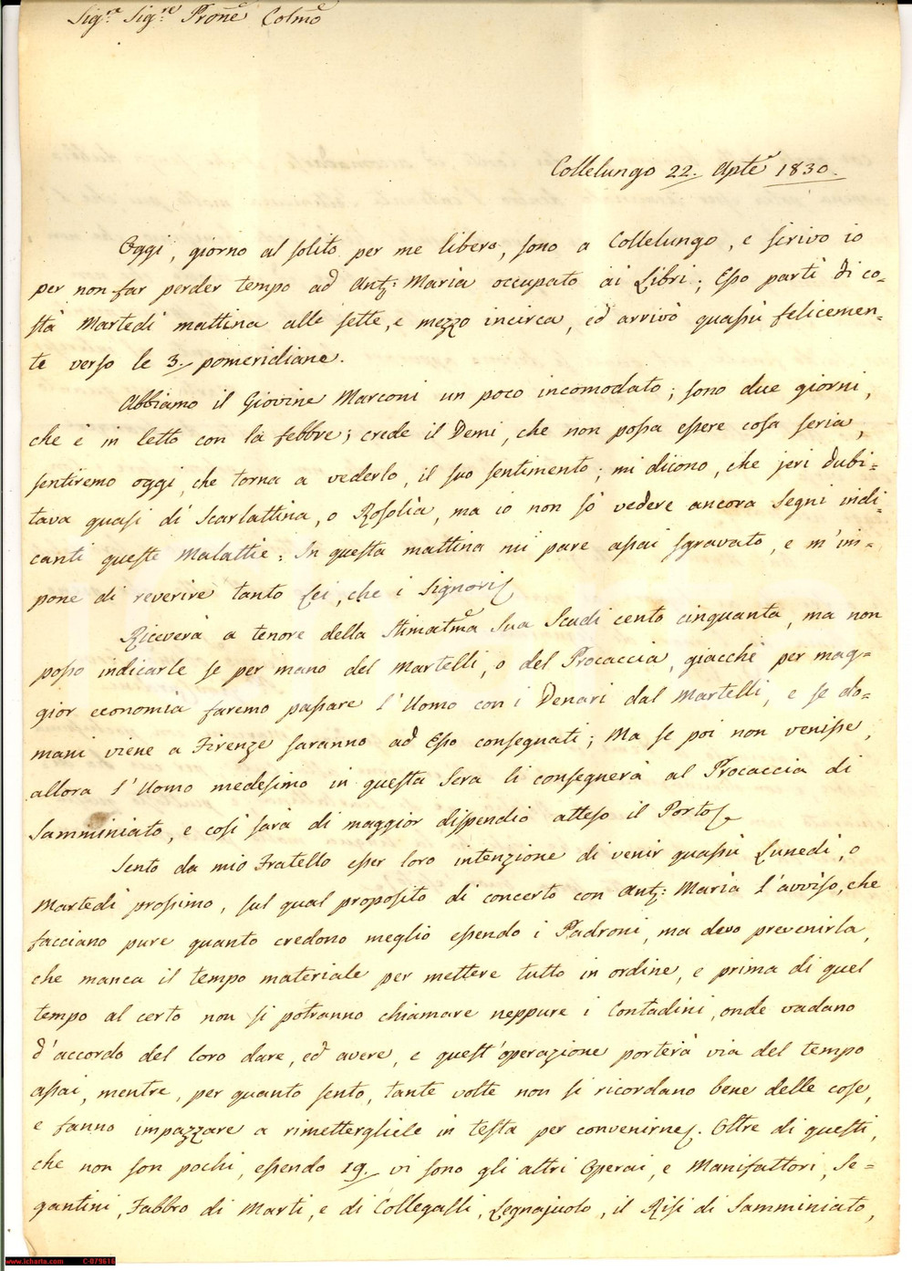 Manoscritto, lettera originale 1830 COLLELUNGO SI Visita a sorpresa del padrone 1