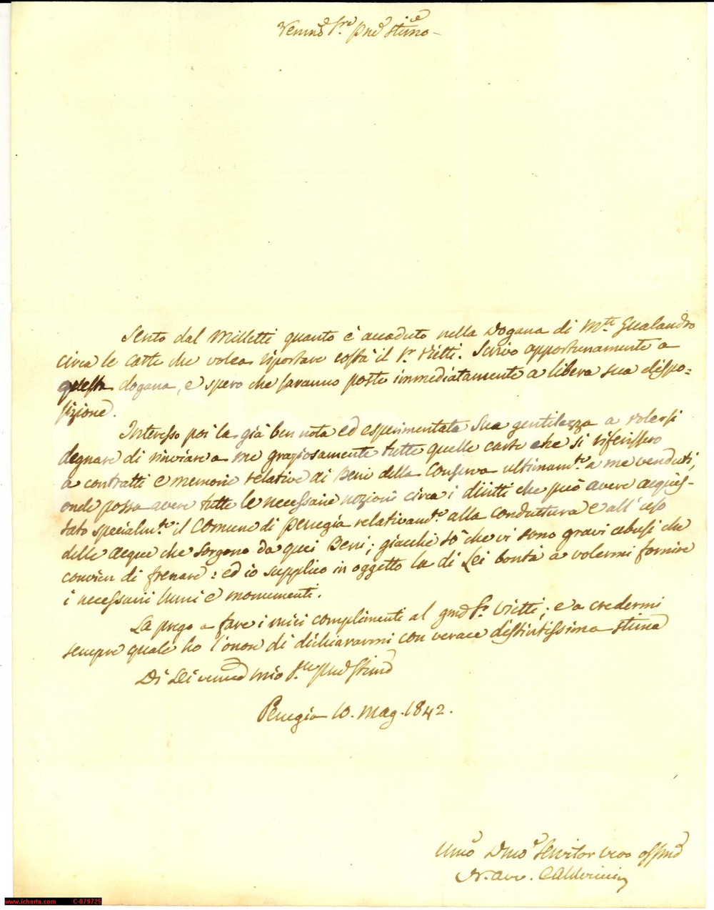Manoscritto, lettera originale 1842 PERUGIA Diritti comunali su beni avv. CALDERINI 1