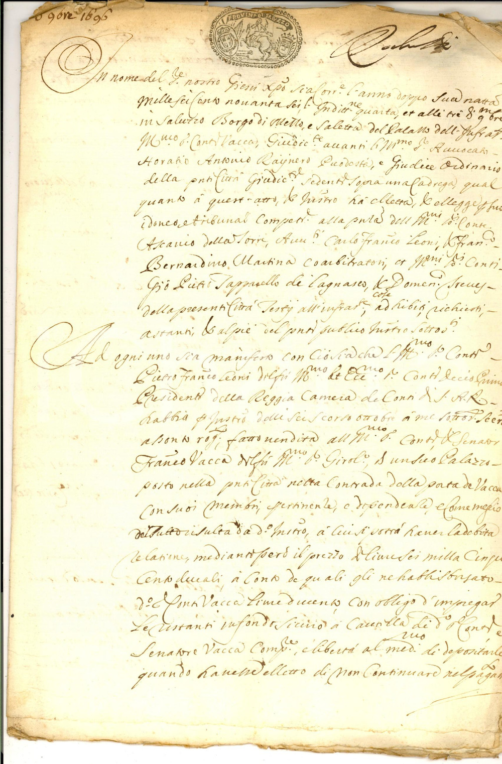 Documento originale, autentico 1696 SALUZZO Sui proventi della vendita di una casa di Pietro Francesco LEONI 1