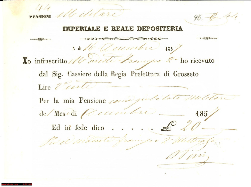 Documento originale, autentico 1857 GROSSETO Pensione militare Francesco MODESTI 1