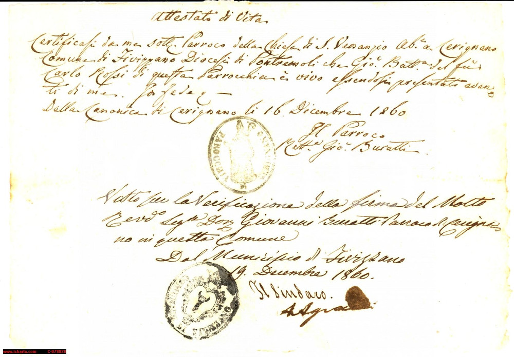 Documento originale, autentico 1860 CERIGNANO MS Attestato di vita G. Battista ROSSI 1