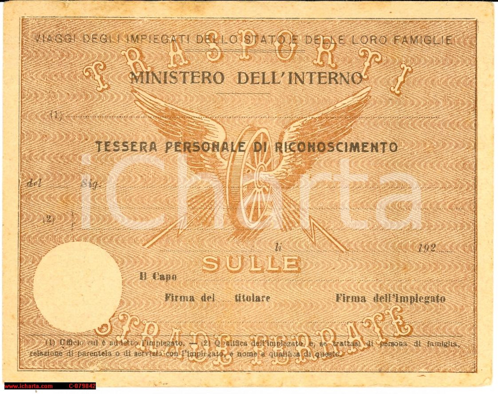 Oggetto da collezione cartaceo 1922 FFSS STRADE FERRATE Tessera impiegati dello Stato 1