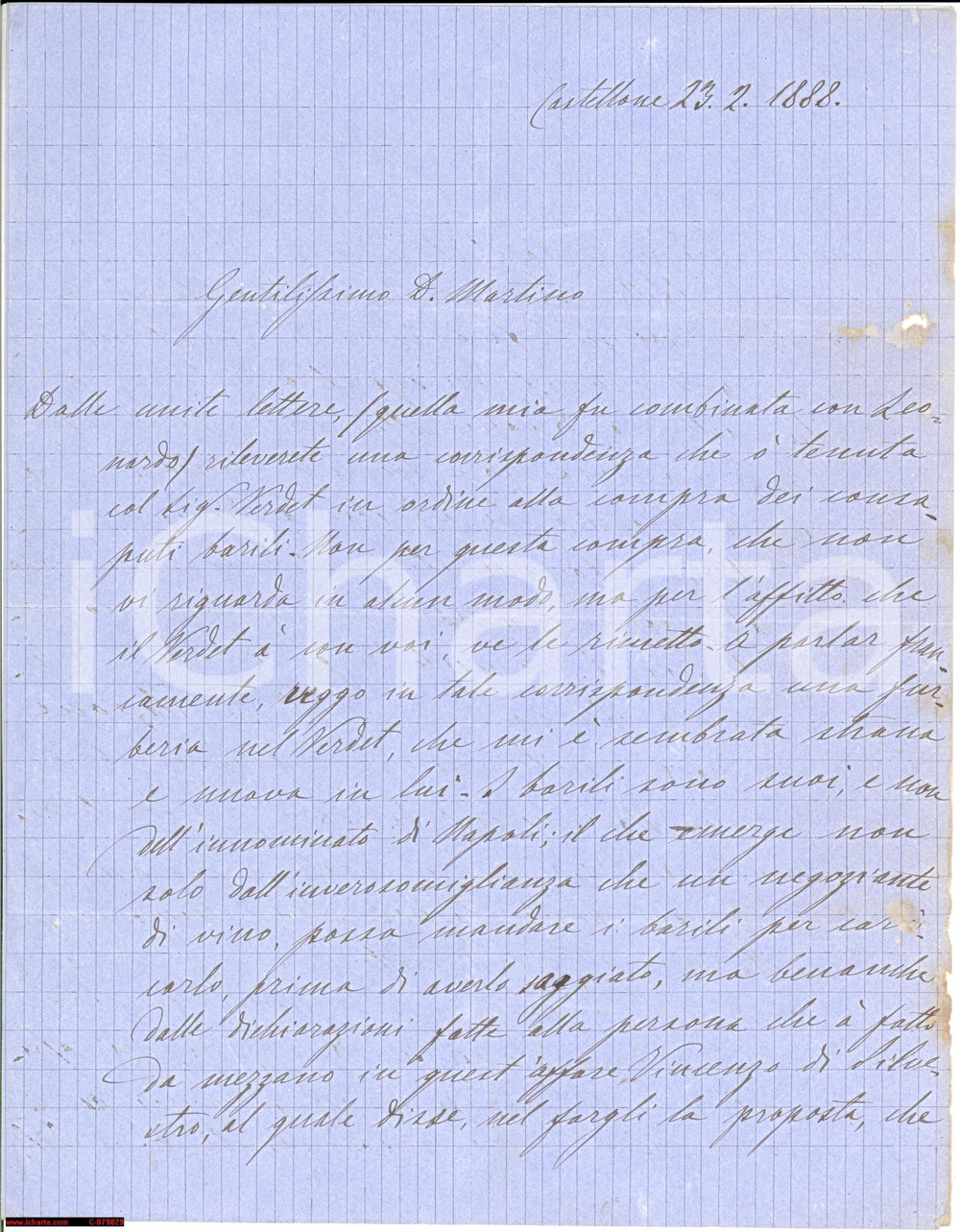 Manoscritto, lettera originale 1888 CASTELLONE CB Raggiro VERDET su barili di vino Lettera 1