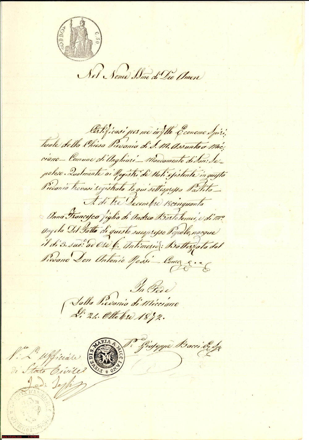 Documento originale, autentico 1872 S. MARIA a MICCIANO AR Nascita Anna BARTOLOMEI 1