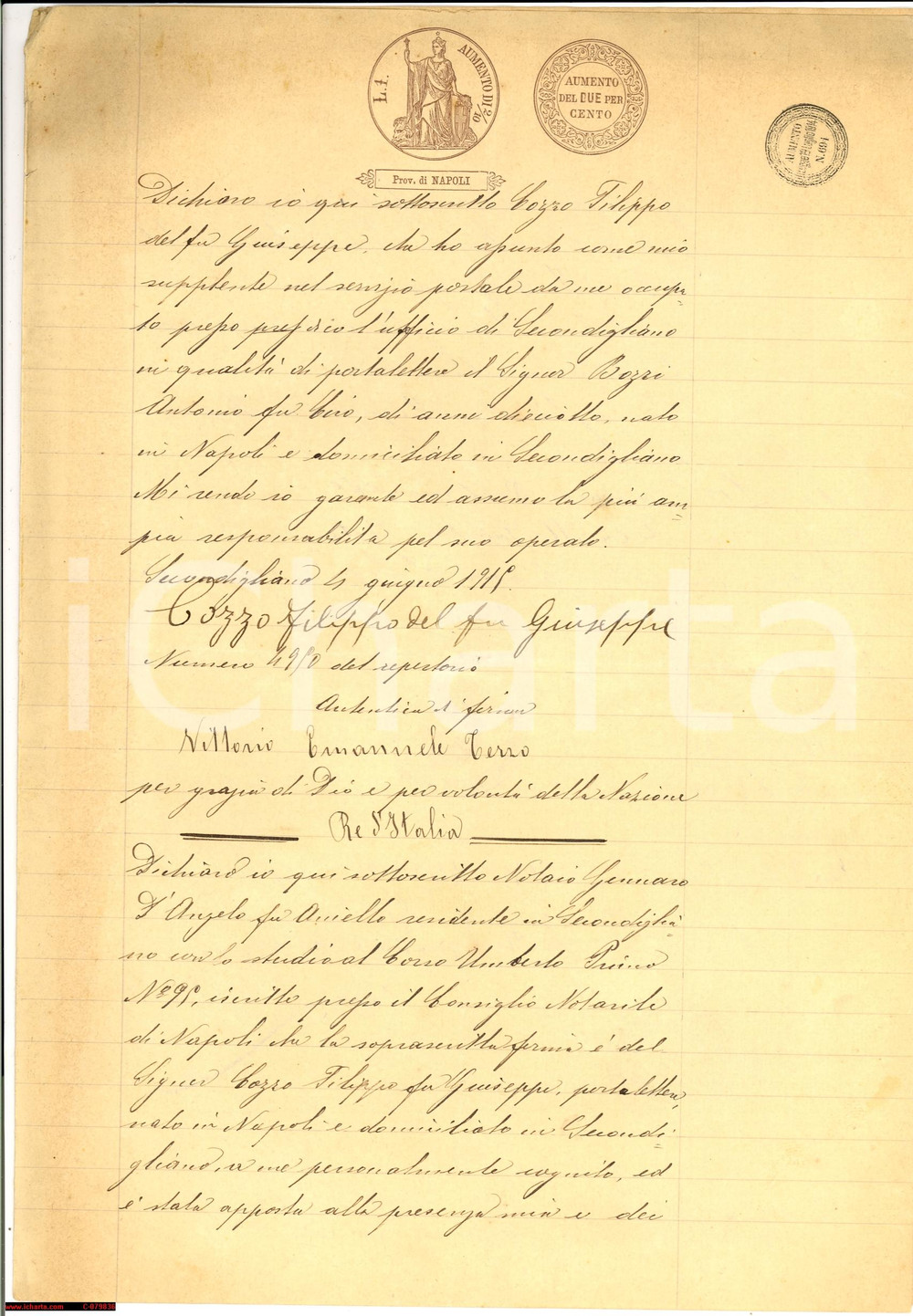 Documento originale, autentico 1915 SECONDIGLIANO NA Antonio BOZZI postino supplente 1