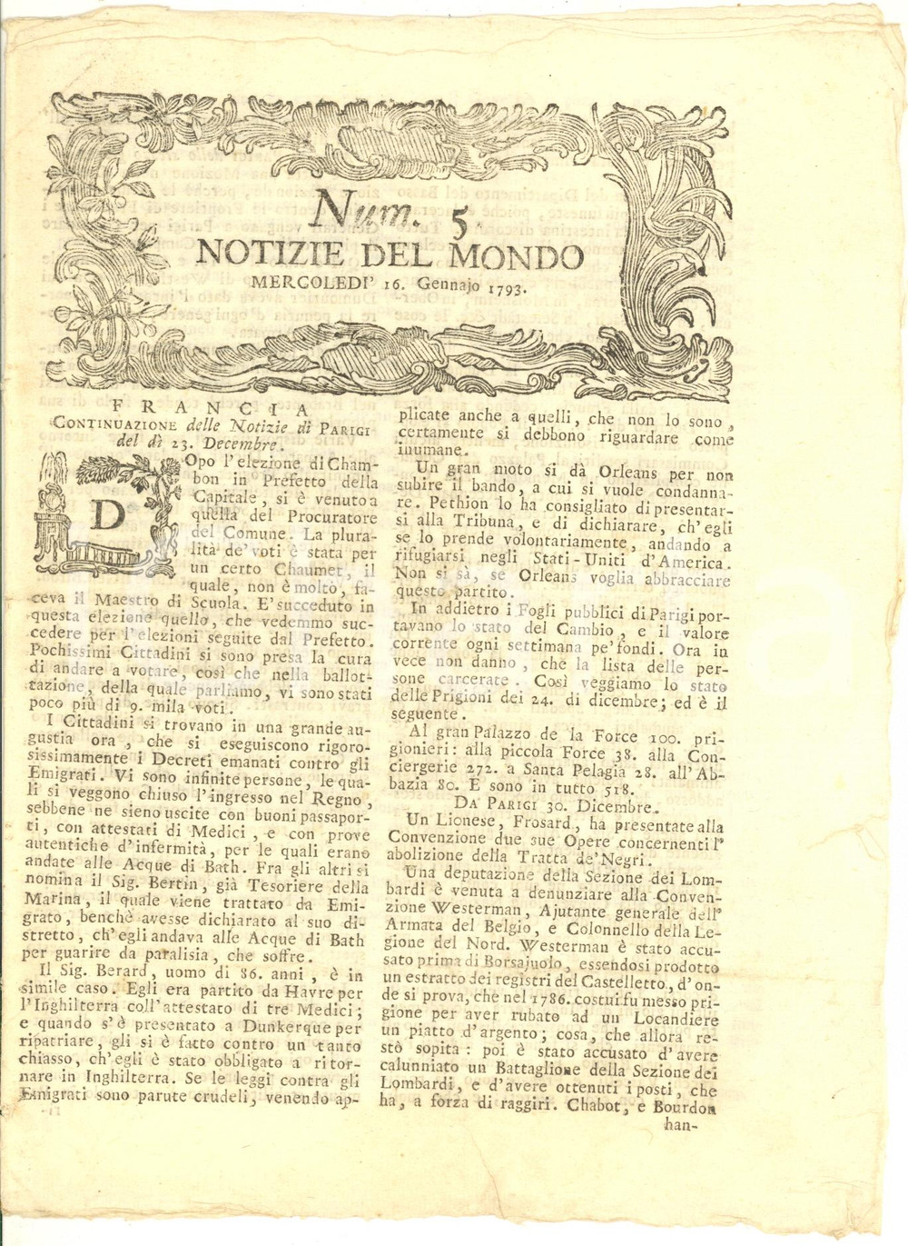 Giornale, rivista storica 1793 VENEZIA Notizie del Mondo  Decreti contro gli emigrati in Francia GAZZETTA 1