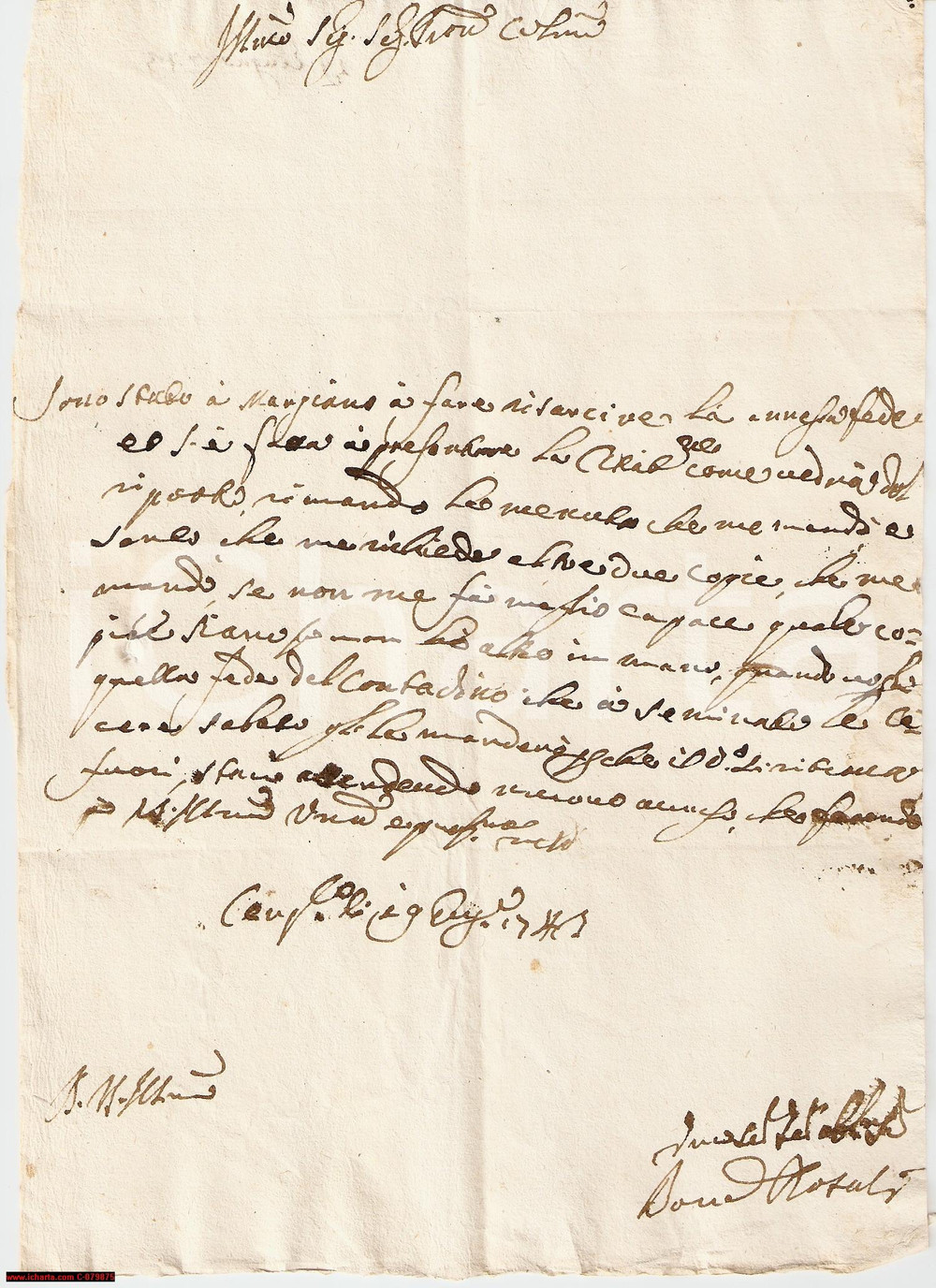 Manoscritto, lettera originale 1743 MARSCIANO PG Risarcimento per fede Domenico ROSATI 1
