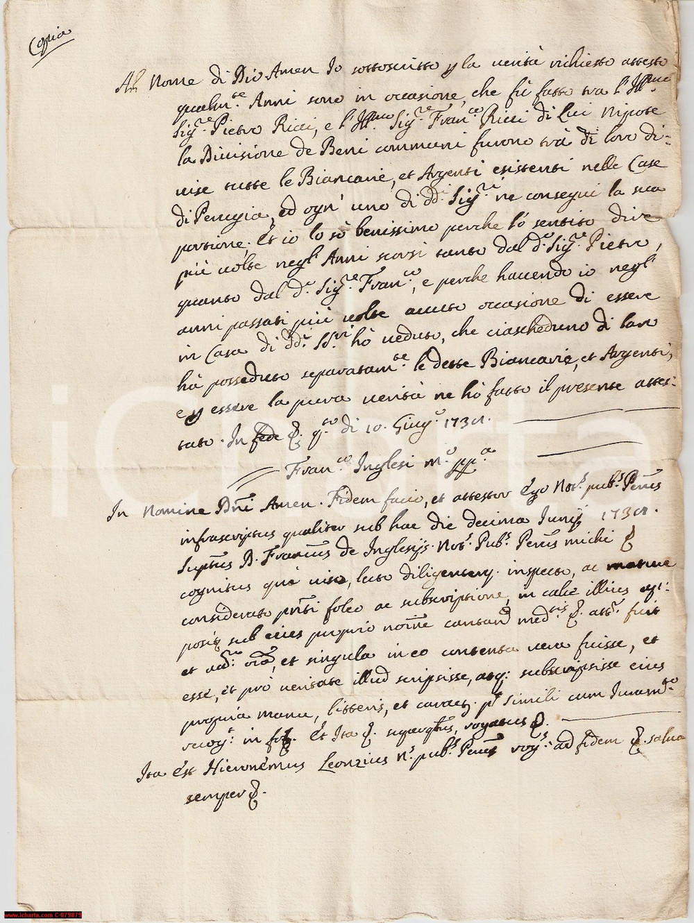 Manoscritto, lettera originale 1738 PERUGIA Divisione argenti e biancherie fam. RICCI 1