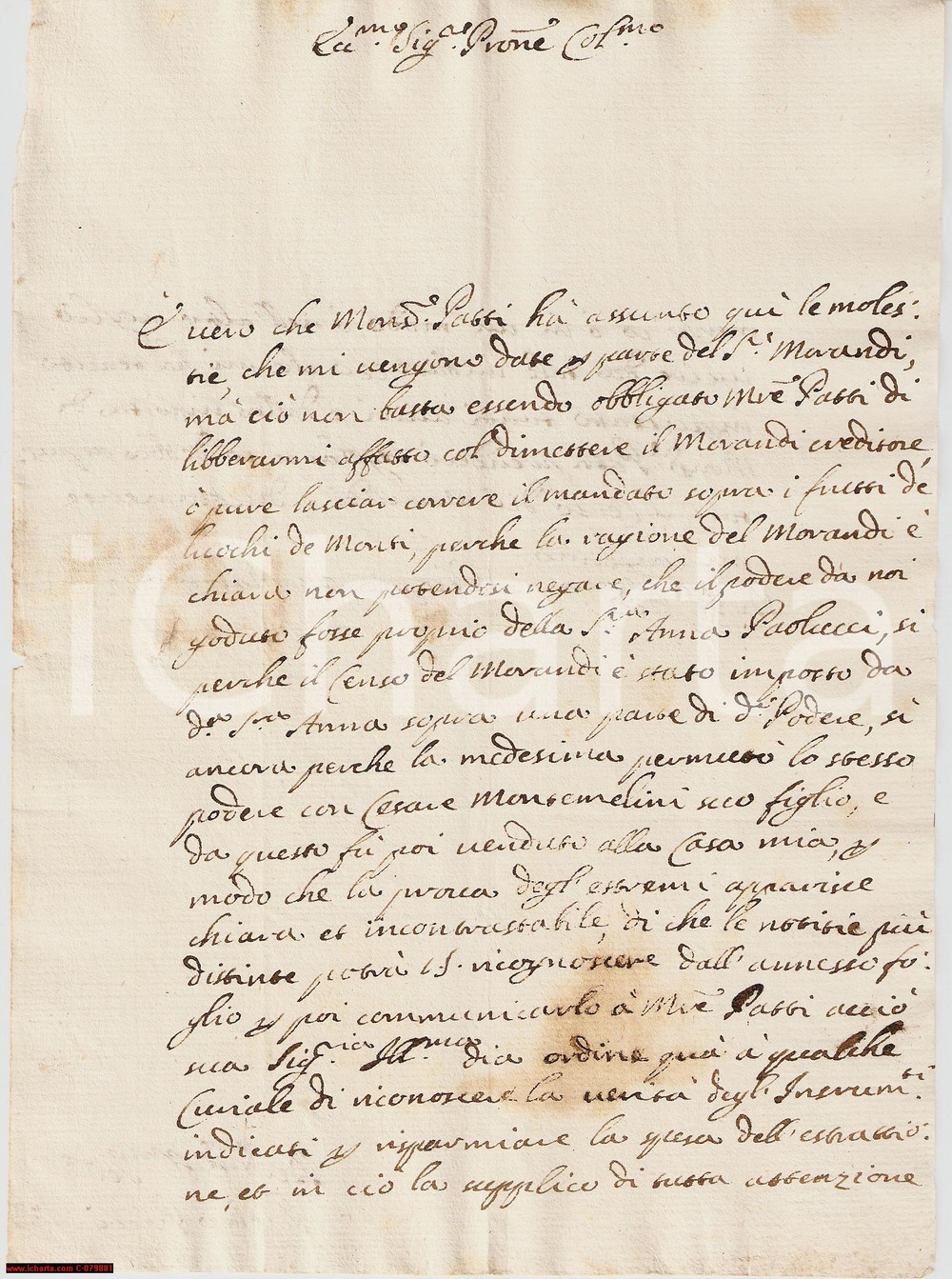 Manoscritto, lettera originale 1717 PERUGIA Famiglia RICCI acquista fondo MONTEMELINI 1