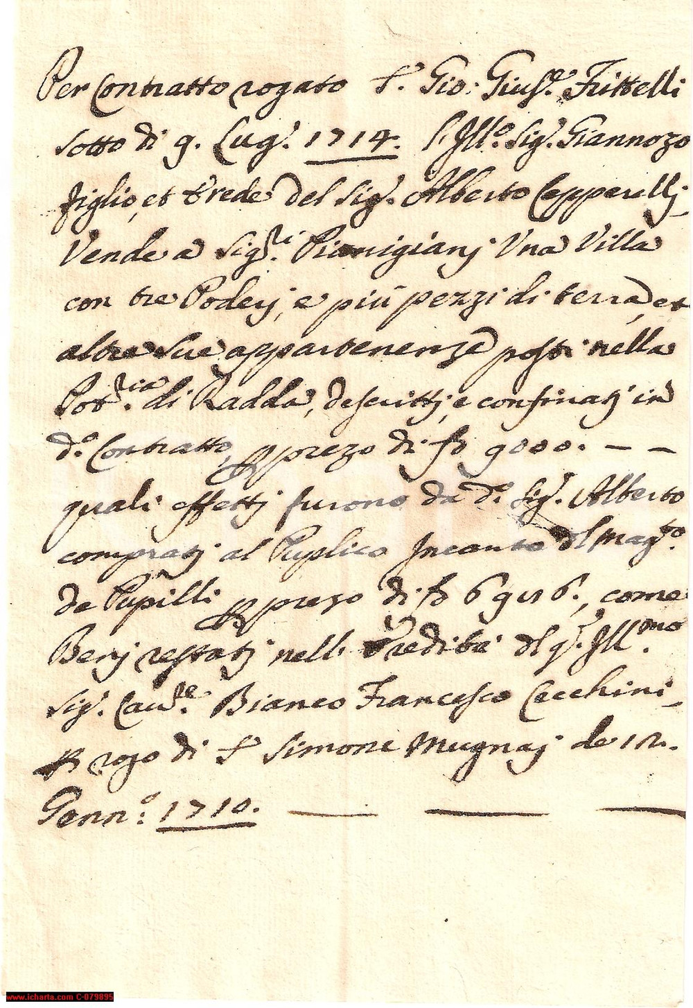 Documento originale, autentico 1714 RADDA SI Giannozzo CEPPERELLI vende tre poderi 1