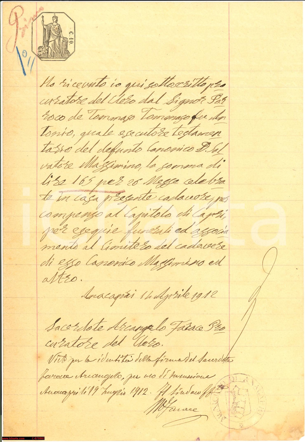 Documento originale, autentico 1912 ANACAPRI NA Messe per don Salvatore MASSIMINO 1