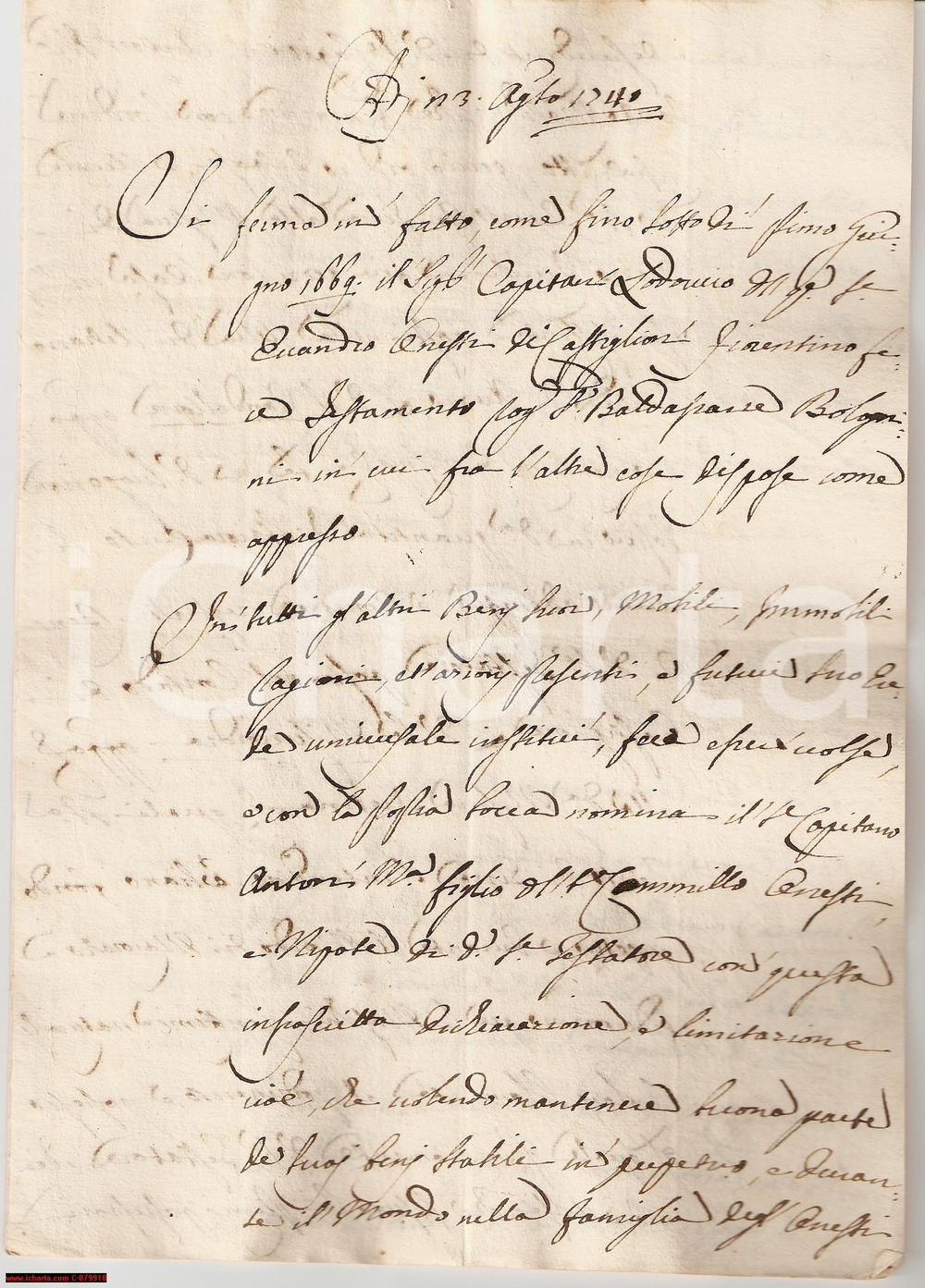 Documento originale, autentico 1740 CASTIGLION FIORENTINO Testamento Ludovico ONESTI 1
