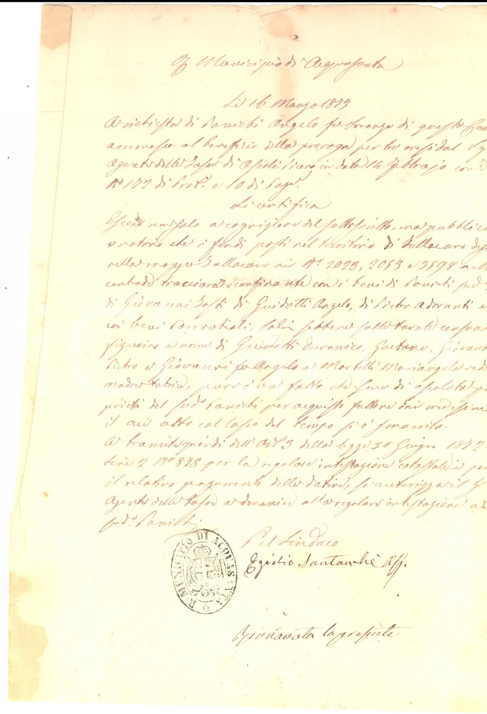 Documento originale, autentico 1873 ACQUASANTA TERME AP Beni a SOLLACARO di proprietÃ  Angelo PANICHI 1