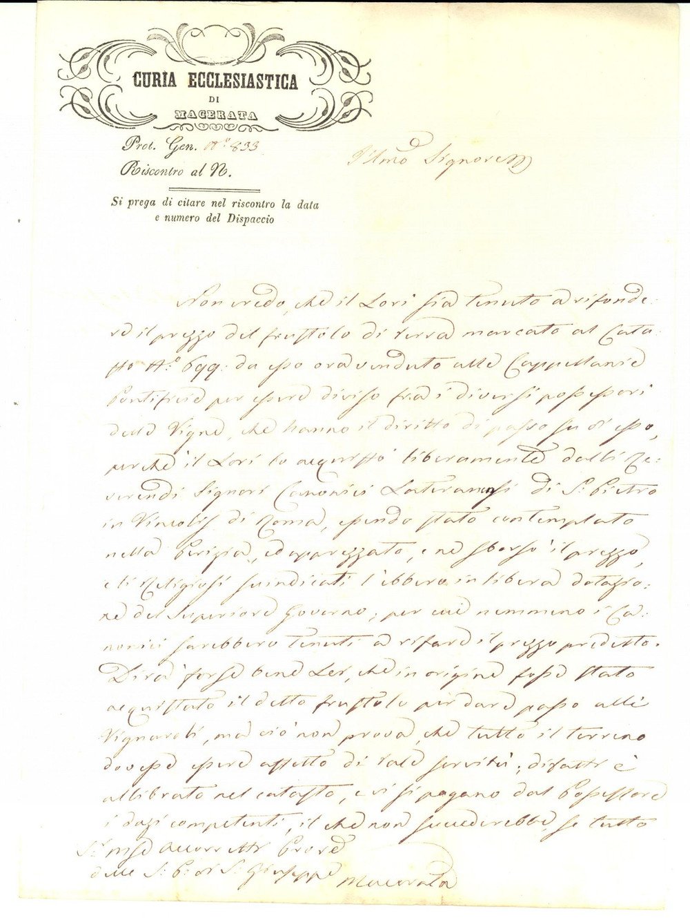 Documento originale, autentico 1856 MACERATA Giovanni BORGIANELLI SPINA su servitù terreno di religiosi 1