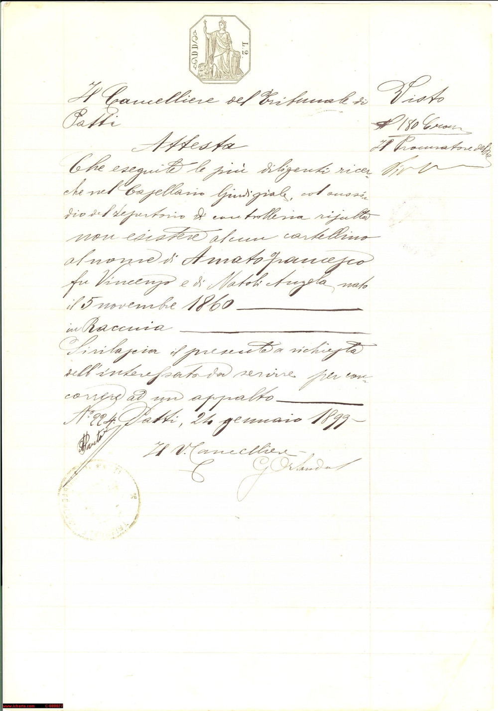 Manoscritto, lettera originale 1899 PATTI ME Francesco AMATO cancelleria tribunale 1