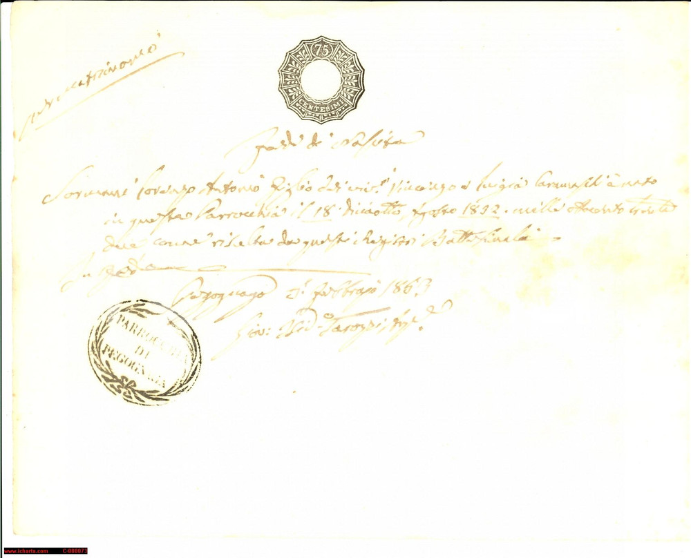 Documento originale, autentico 1853 PEGOGNAGA MN Fede nascita Antonio Lorenzo SORMANI 1