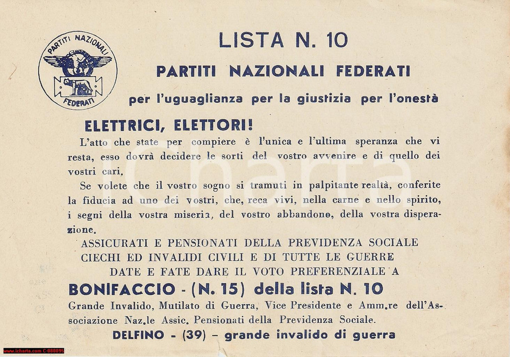 Oggetto da collezione cartaceo 1953 PARTITI NAZIONALI FEDERATI Bonifaccio Delfino 1