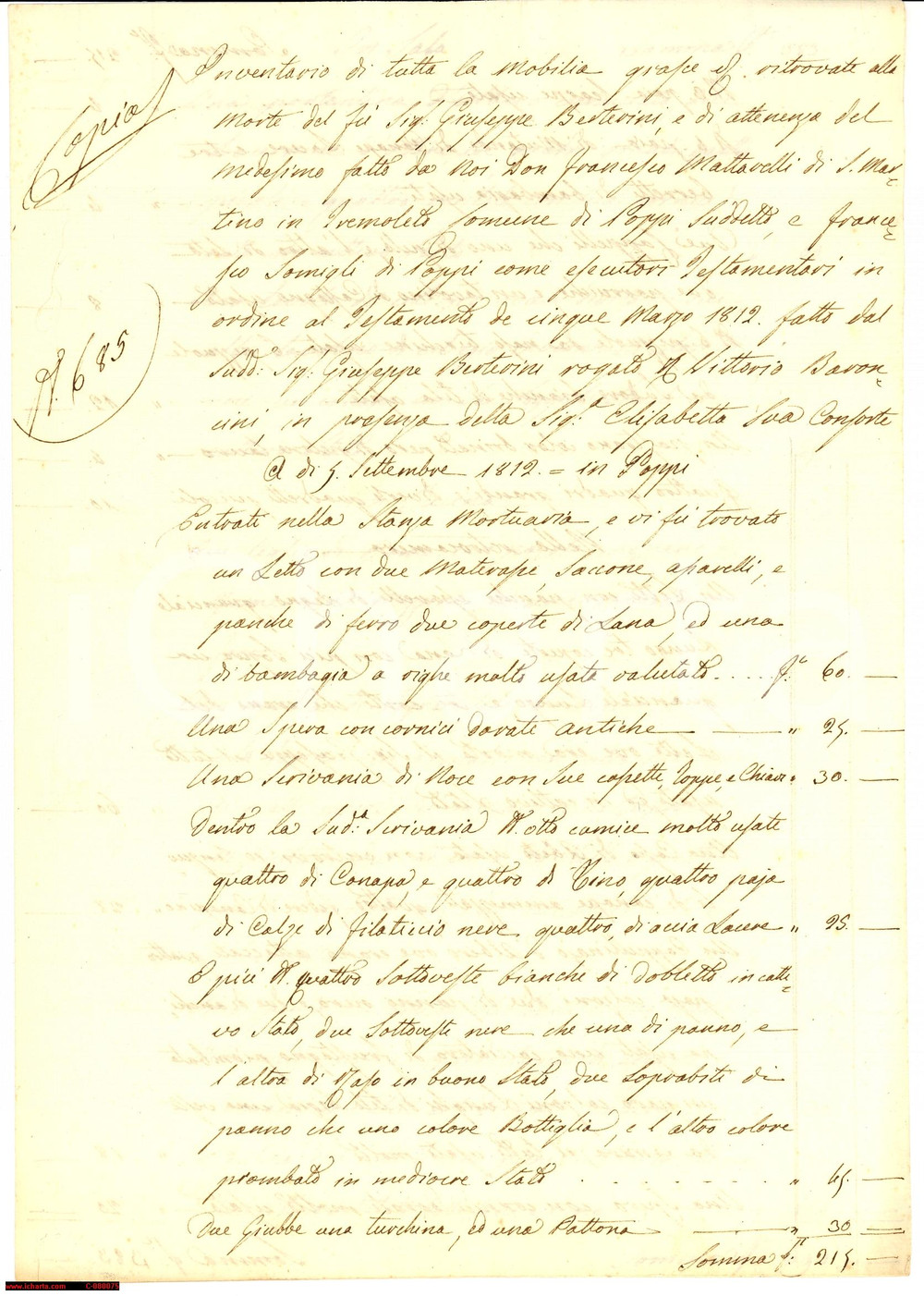 Documento originale, autentico 1812 POPPI AR Inventario mobili fu Giuseppe BERTERINI 1