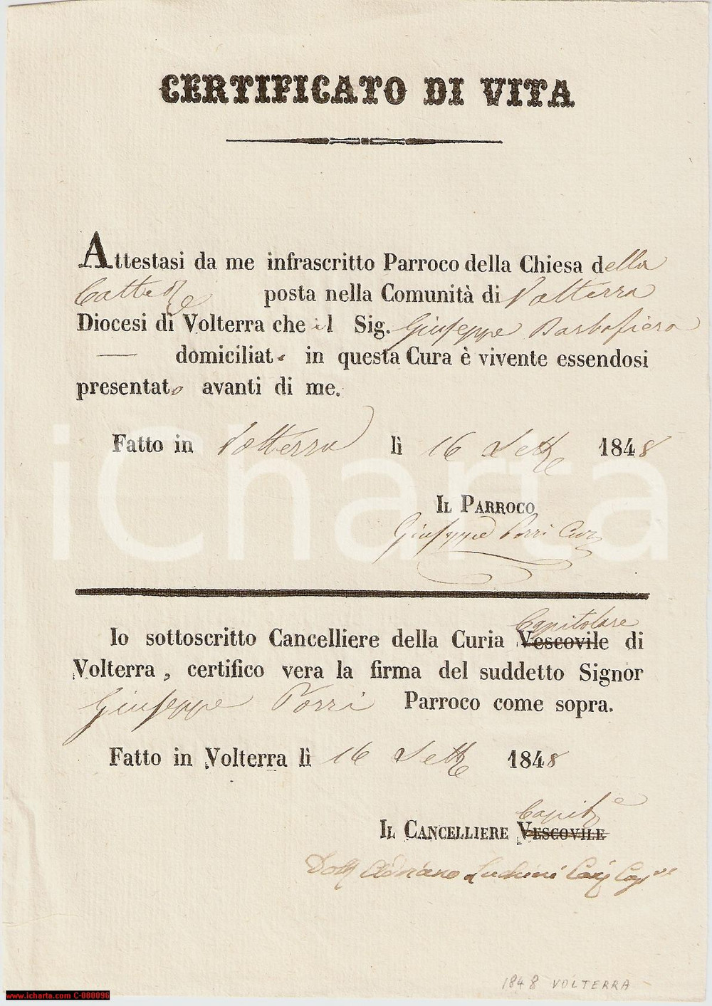 Documento originale, autentico 1848 VOLTERRA Certificato di Vita Giuseppe BARBAFIERA 1