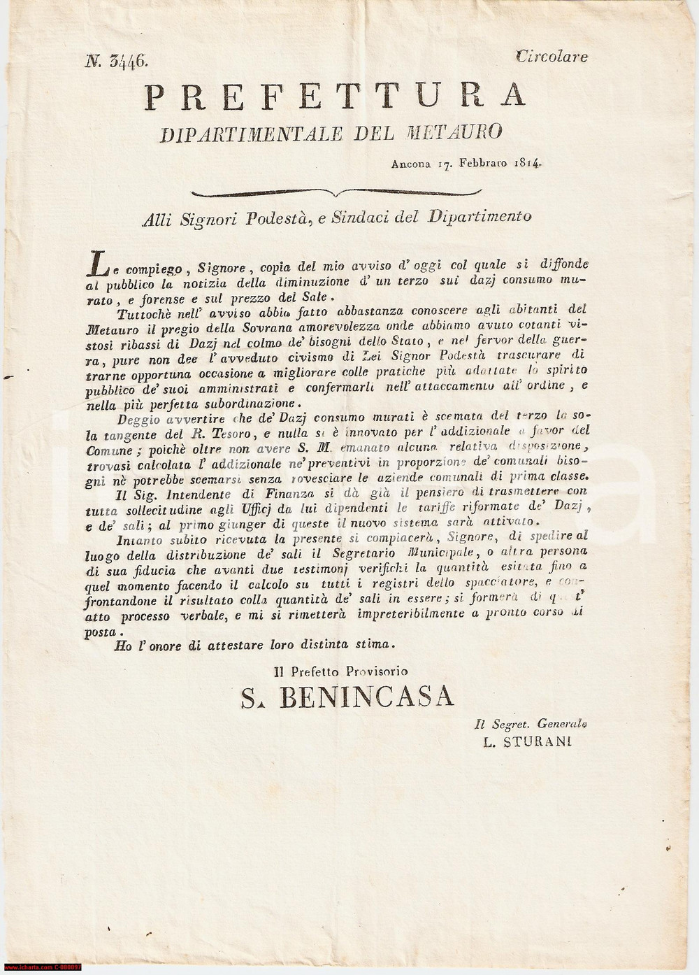 Documento originale, autentico 1814 ANCONA Diminuzione dazi consumo del sale METAURO 1