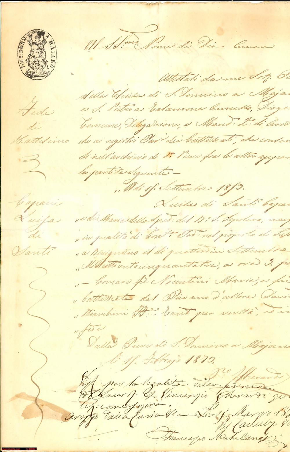 Documento originale, autentico 1879 AREZZO S. DONNINO A MAIANO Battesimo Luisa CAPACCI 1
