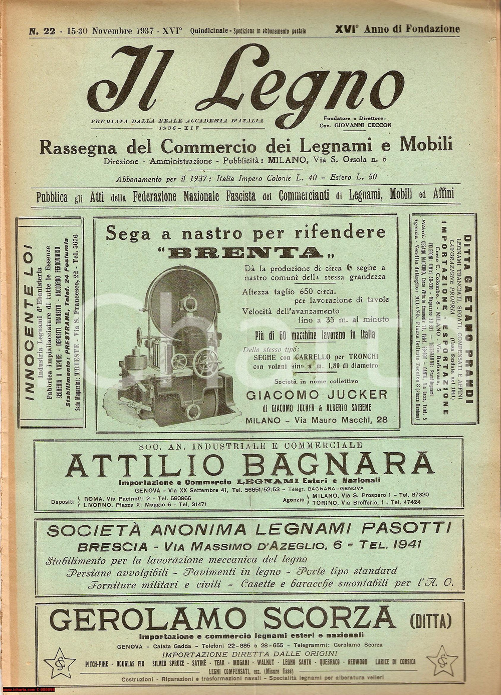 Giornale, rivista storica 1937 MILANO Rivista IL LEGNO Rassegna Legnami e Mobili 1