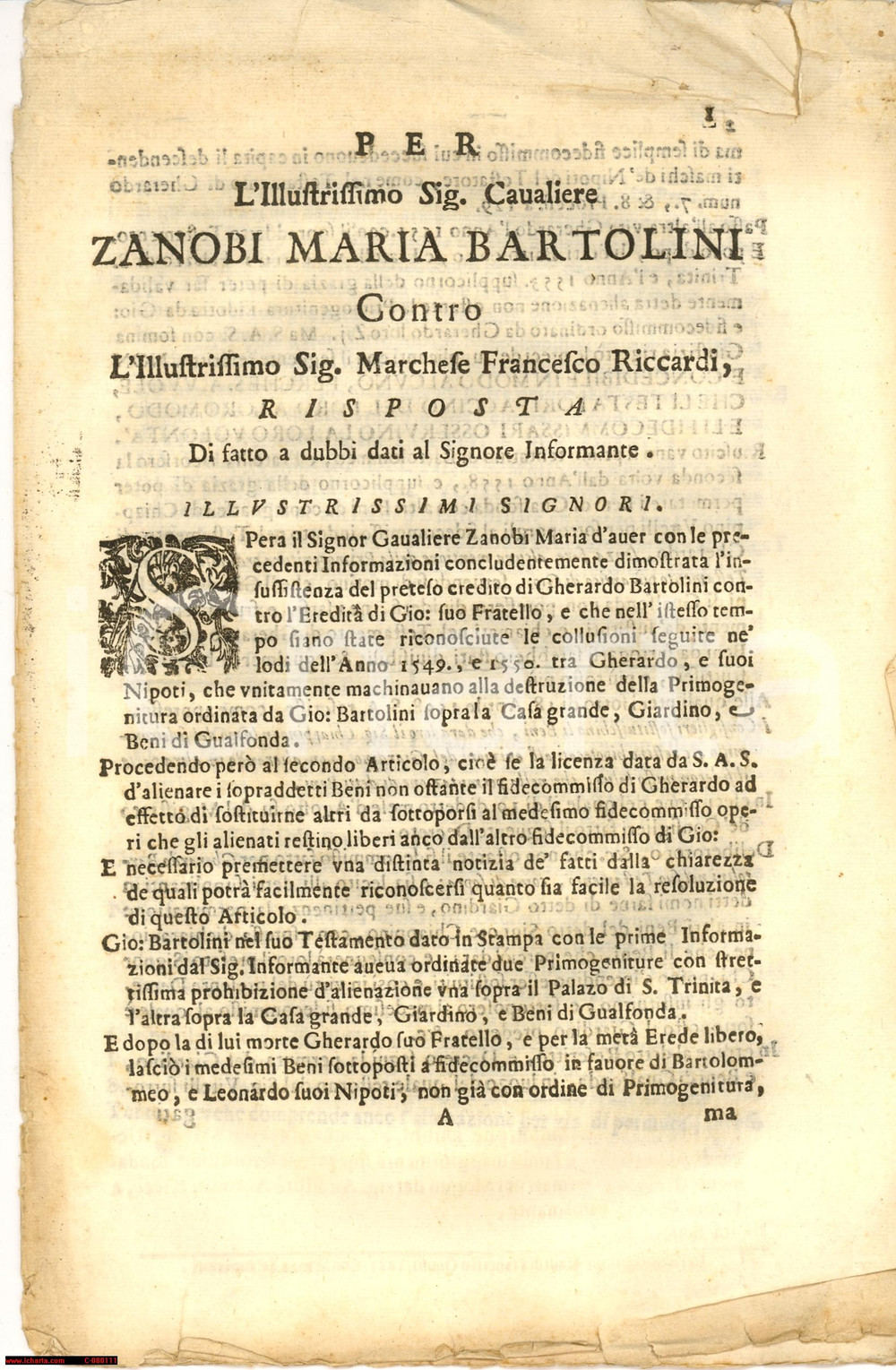 Documento originale, autentico 1683 FIRENZE Eredi BARTOLINI contro divieto di vendita 1