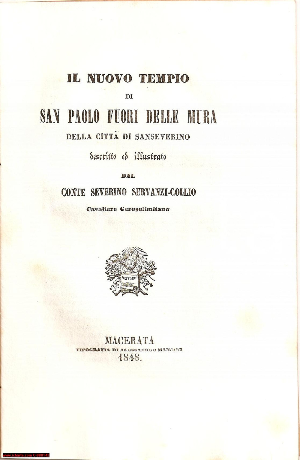 Libro, pubblicazione d epoca 1848 SAN SEVERINO MC Tempio SAN PAOLO FUORI LE MURA 1