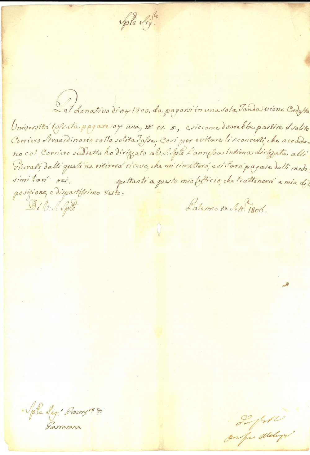 Manoscritto, lettera originale 1806 PALERMO Orfeo MELAZZO sulle imposizioni fiscali dell UniversitÃ  Lettera 1