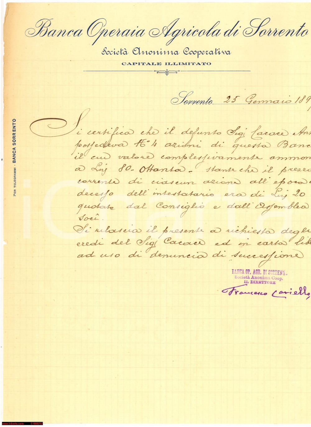 Documento originale, autentico 1897 BANCA OPERAIA AGRICOLA DI SORRENTO certificato 1