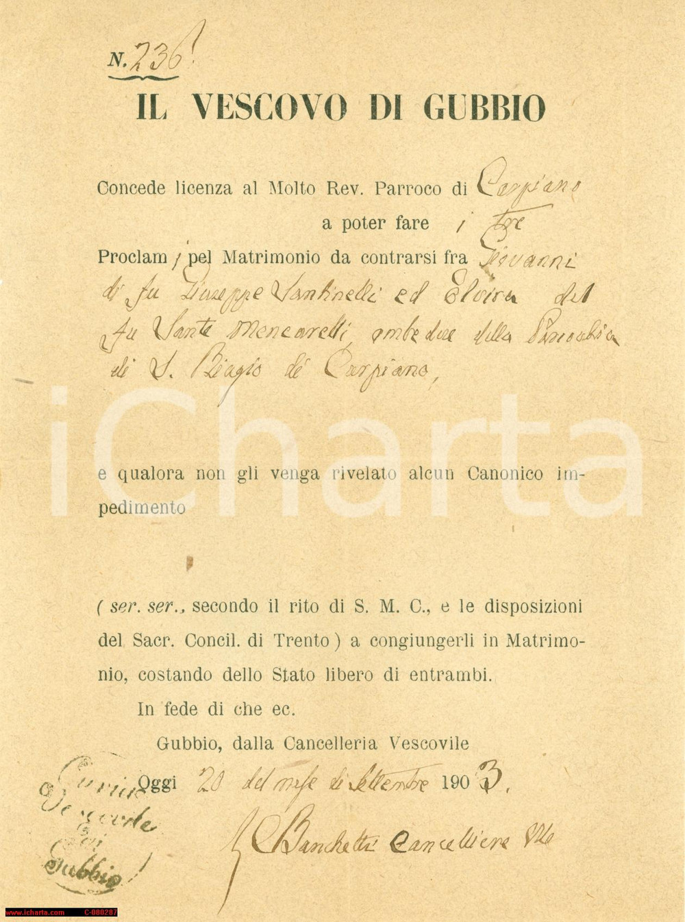 Documento originale, autentico 1903 CARPIANO Giovanni SANTINELLI sposa MENCARELLI 1