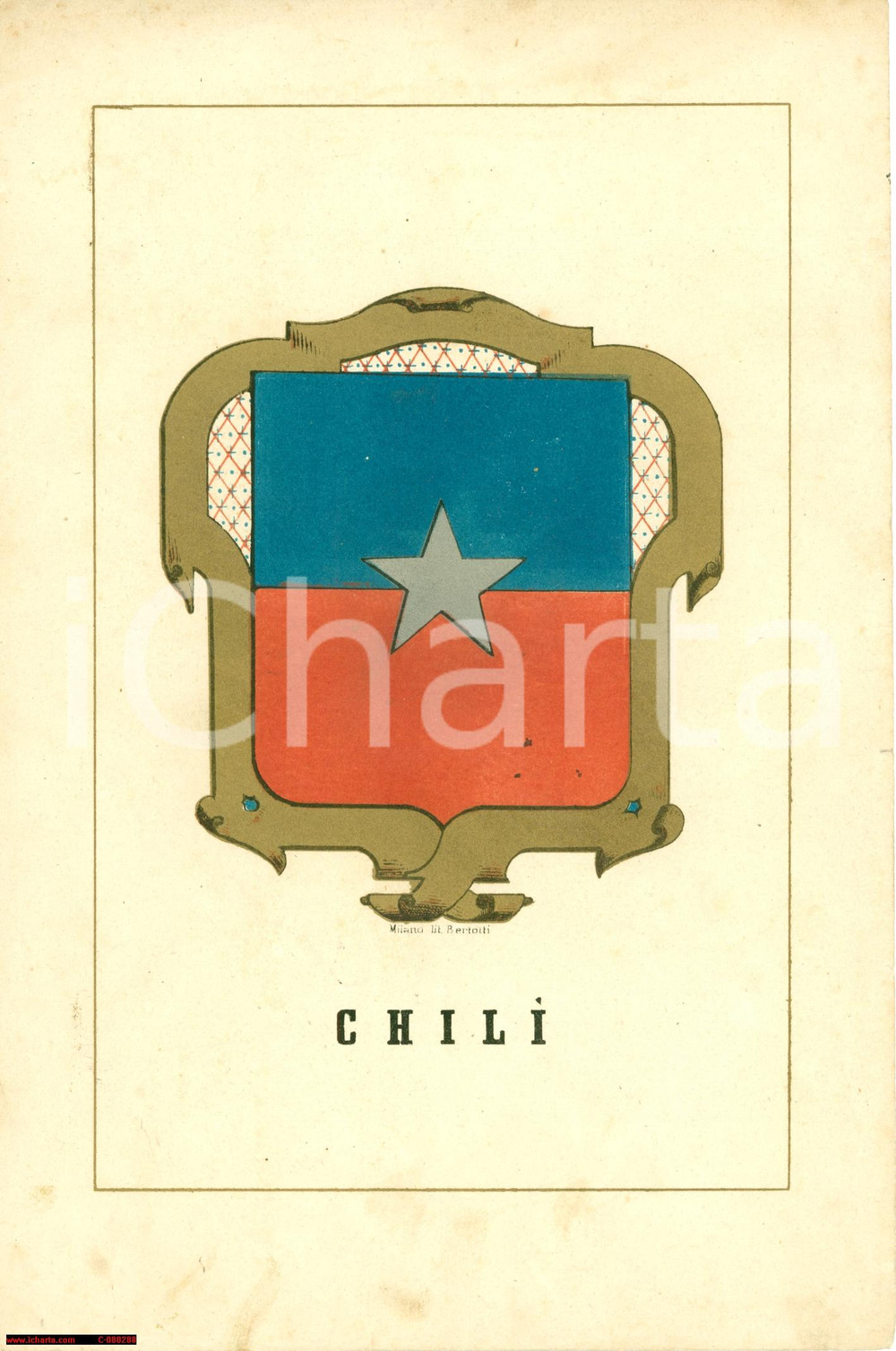 Stampa, bozzetto originale 1857 CILE Stemma nazionale del CHILI  stampa colori 1