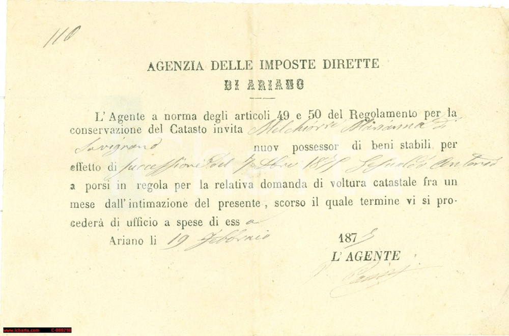 Documento originale, autentico 1877 SAVIGNANO IRPINO AV Immobili Marianna MELCHIORRE 1