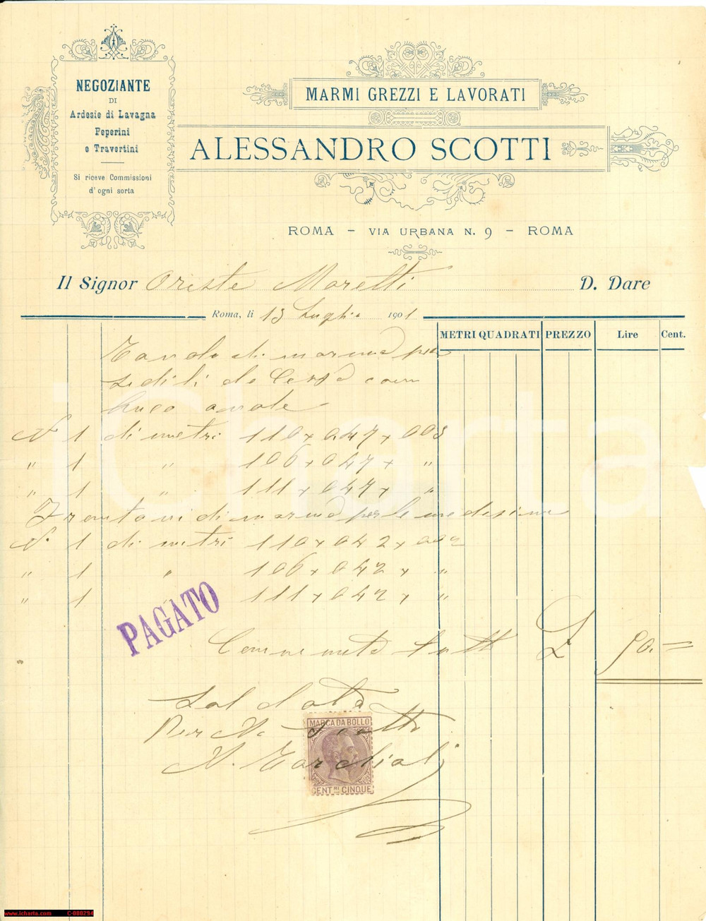 Manoscritto, lettera originale 1901 ROMA Alessandro SCOTTI Marmi grezzi e lavorati 1