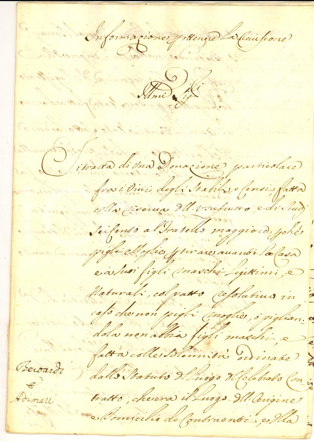 Documento originale, autentico 1780 ca AREZZO Donazione a un giovane pro matrimonio Famiglie BEROARDI ADIMARI 1