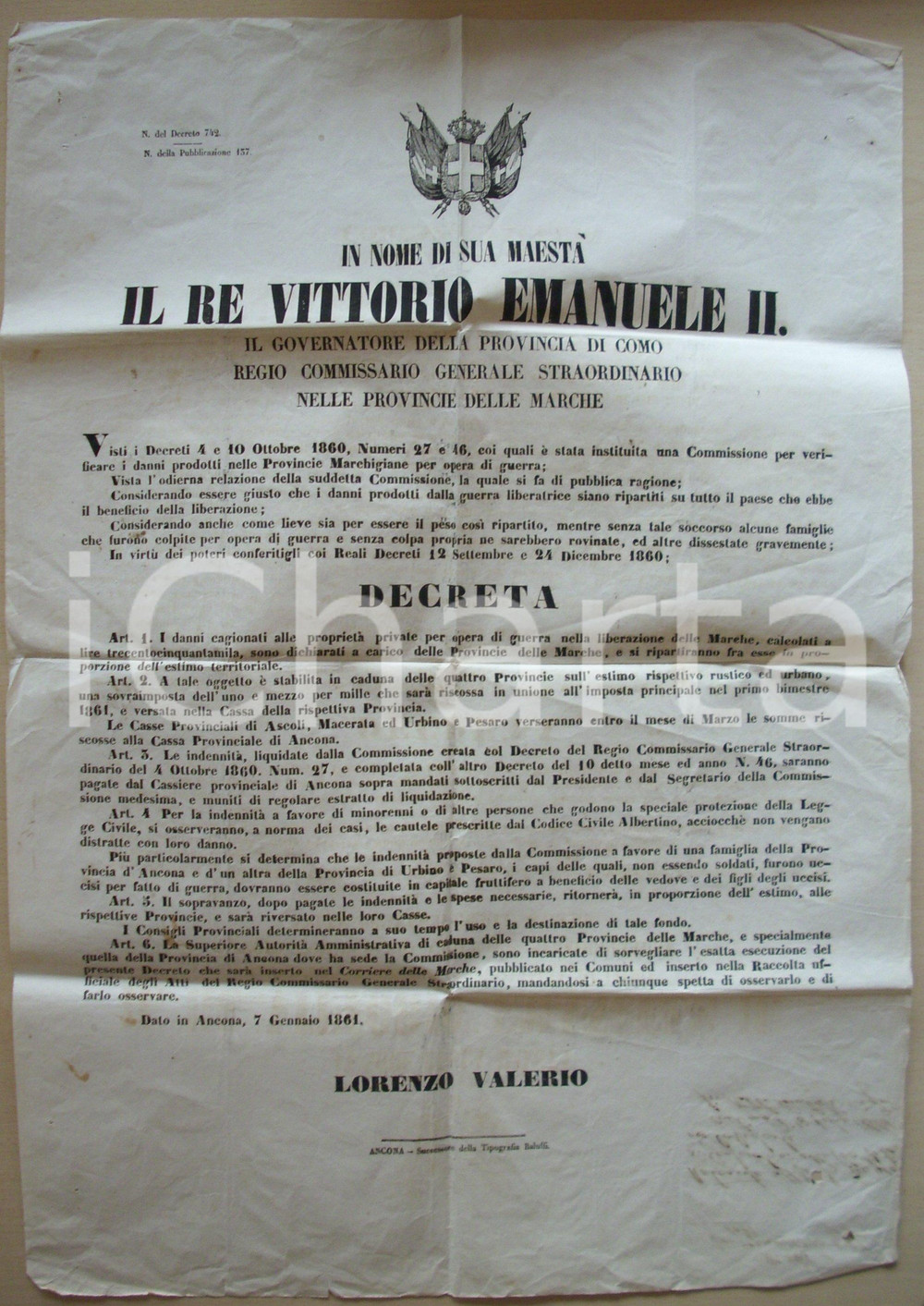 Documento originale, autentico 1861 ANCONA Danni nella guerra per liberazione MARCHE 1