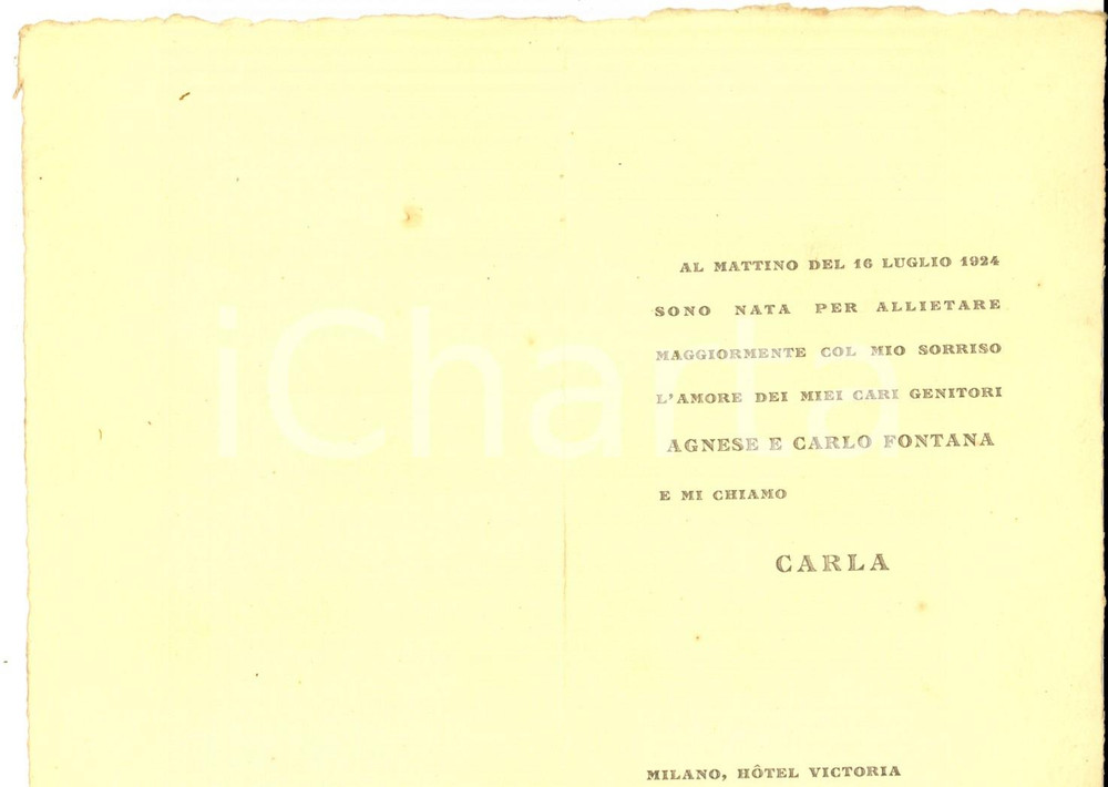 Documento originale, autentico 1924 MILANO Hotel VICTORIA Biglietto per la nascita di Carla FONTANA 1