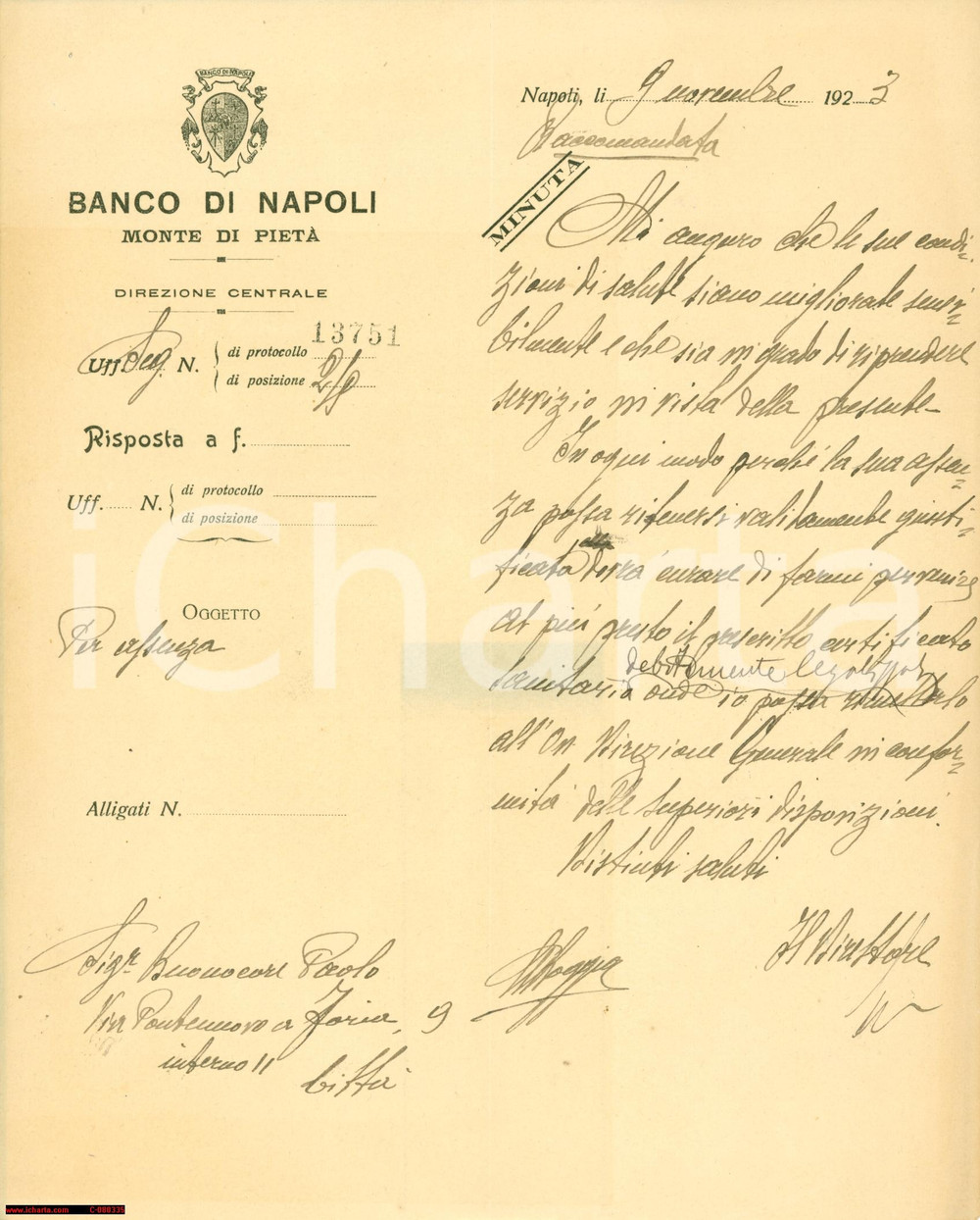 Manoscritto, lettera originale 1923 NAPOLI Paolo BUONOCORE malato Banco di Napoli 1