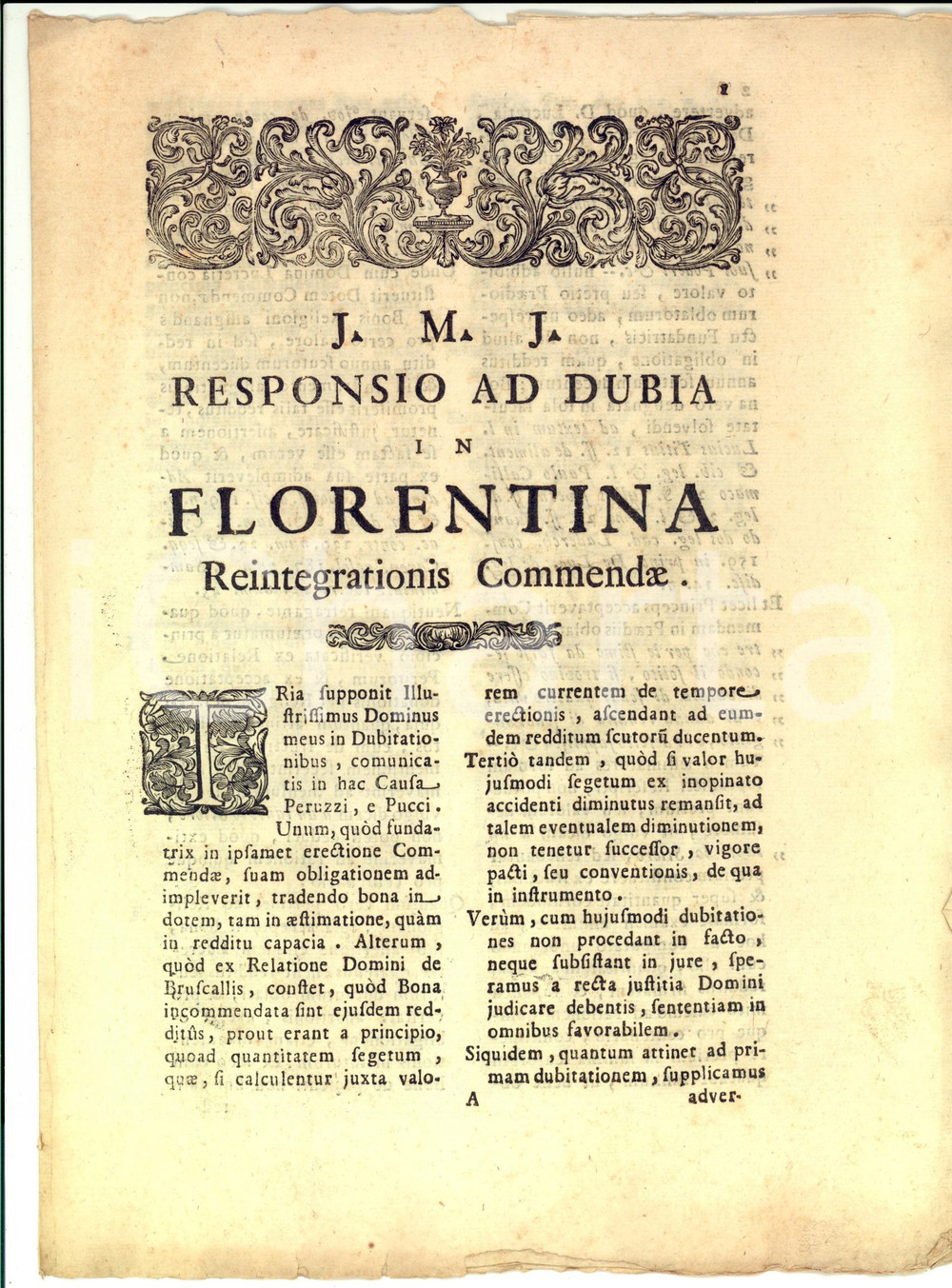 Documento originale, autentico 1731 FIRENZE Florentina reintegrationis commendae  Dote Lucrezia DEL CACCIA 1