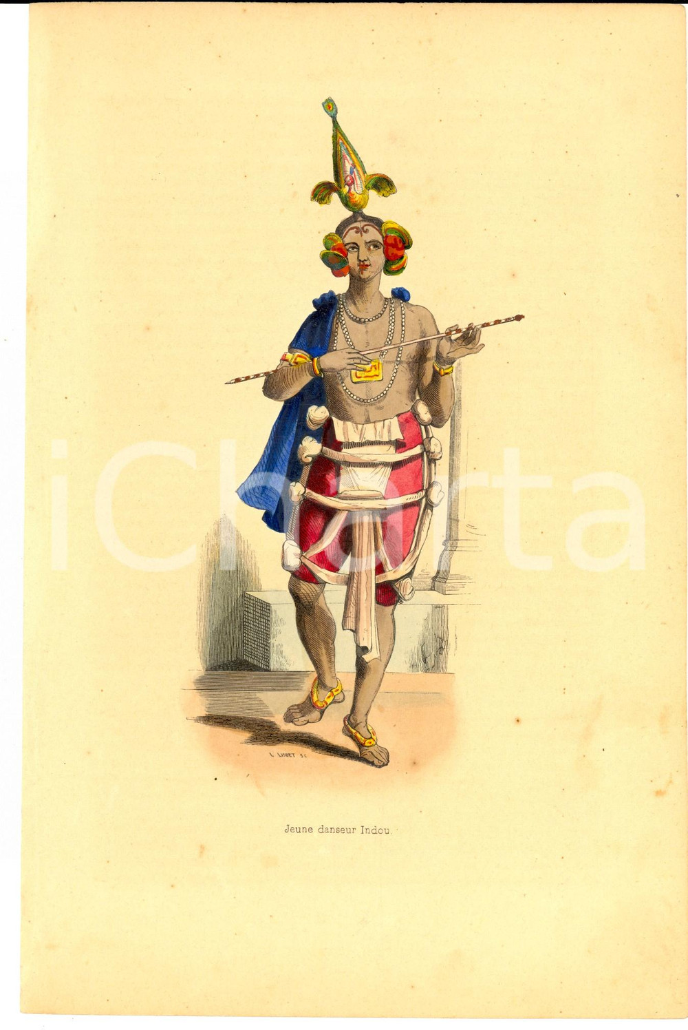 Stampa, bozzetto originale 1843 COSTUME ASIA Giovane danzatore INDU  Stampa inc. LISBET 16x24 cm 1