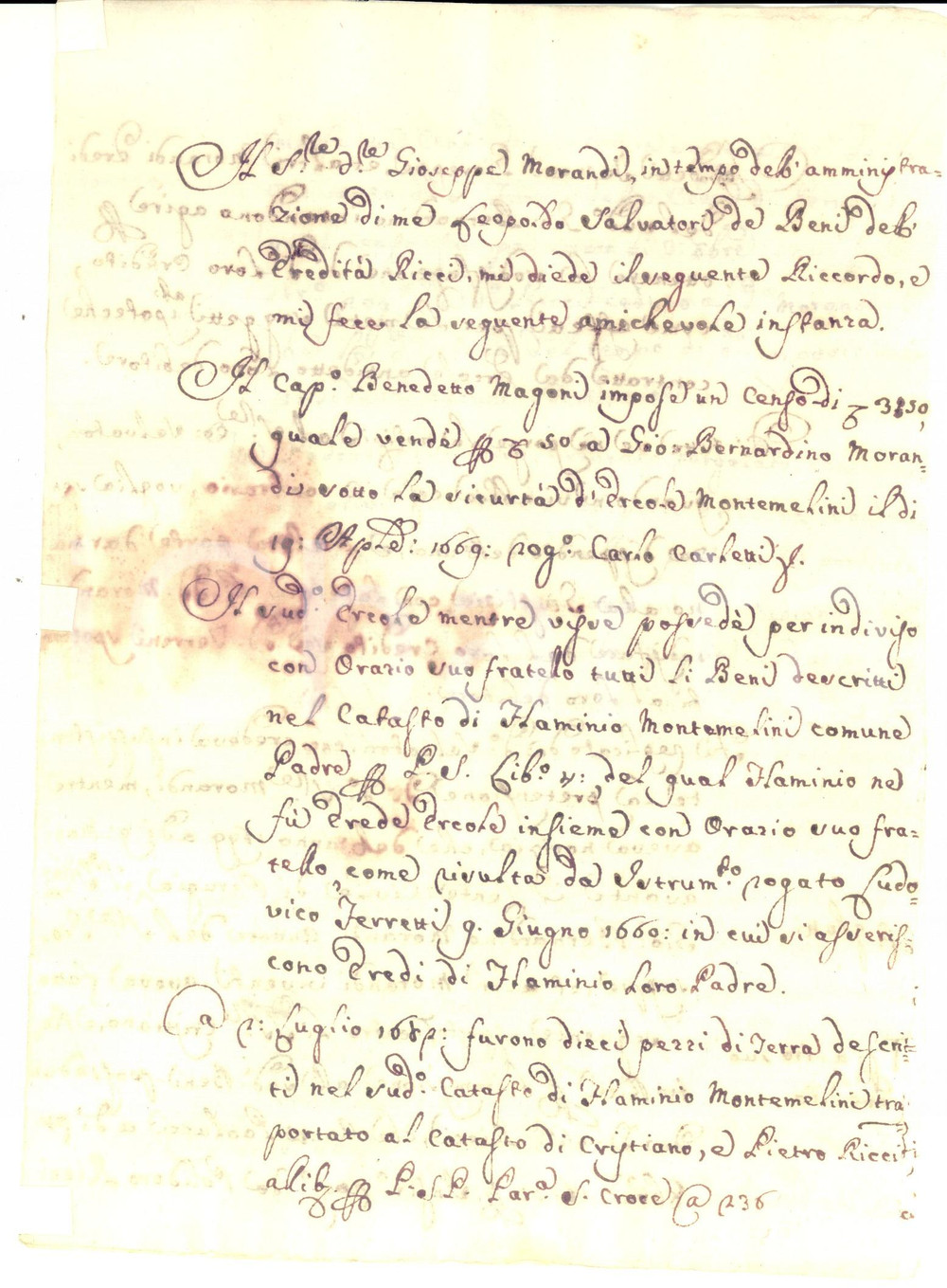 Documento originale, autentico 1740 ca PERUGIA Crediti Giuseppe MORANDI su beni di Flaminio MONTEMELINI 1