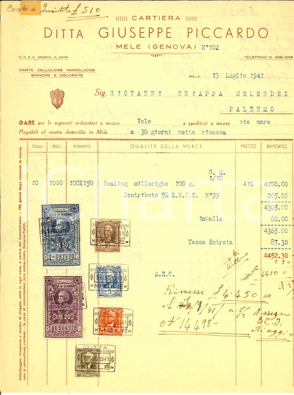 Documento originale, autentico 1941 MELE GE Ditta Giuseppe PICCARDO Cartiera Fattura intestata per sealing 1