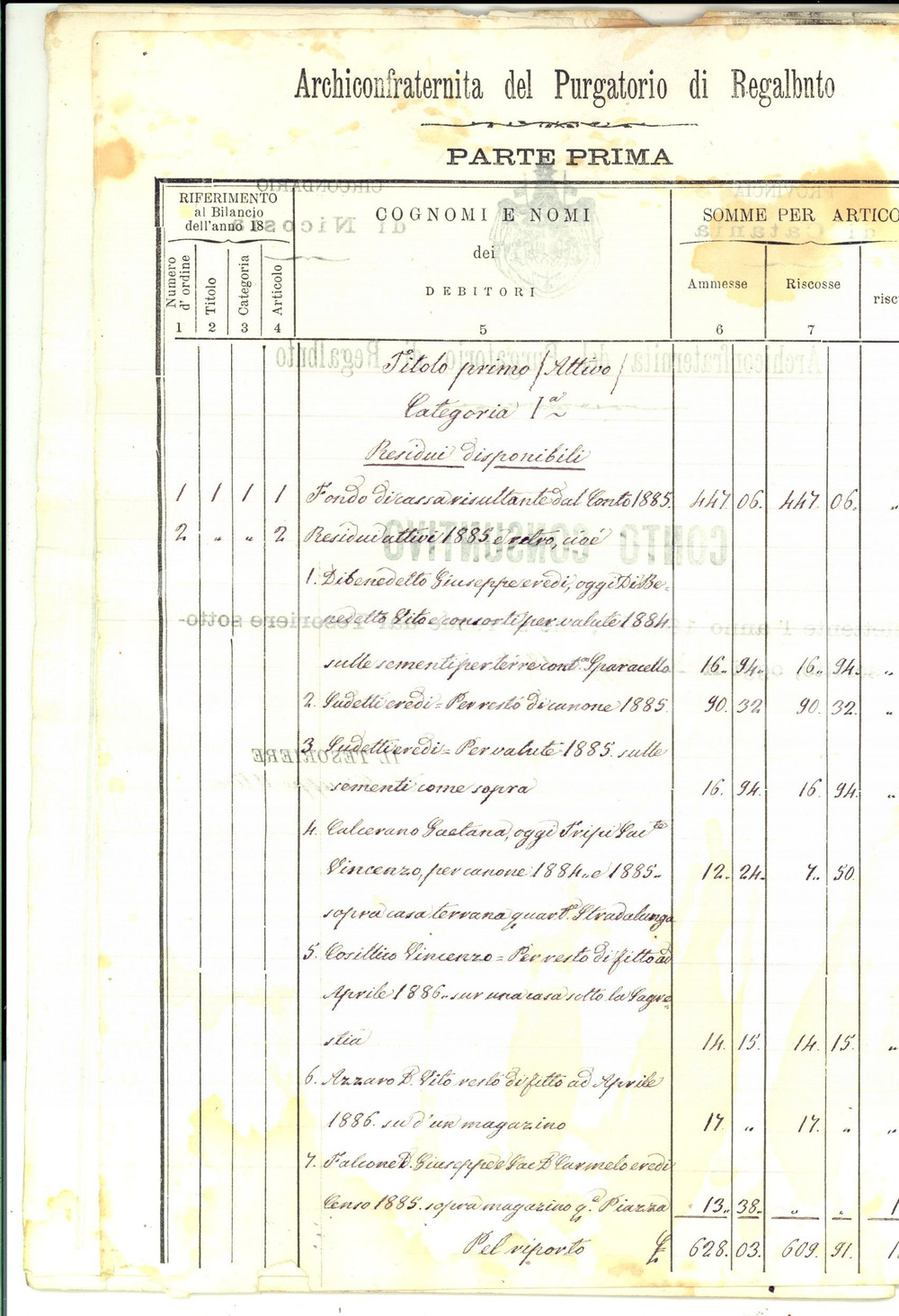 Documento originale, autentico 1886 REGALBUTO Arciconfraternita del PURGATORIO  Conto entrate e uscite 24 pp. 1