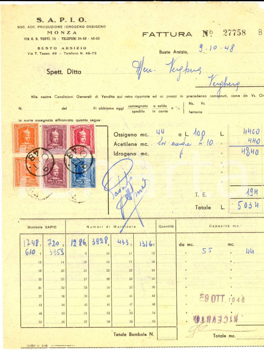 Documento originale, autentico 1948 BUSTO ARSIZIO VA SocietÃ  SAPIO Produzione idrogreno ossigeno Fattura 1 1