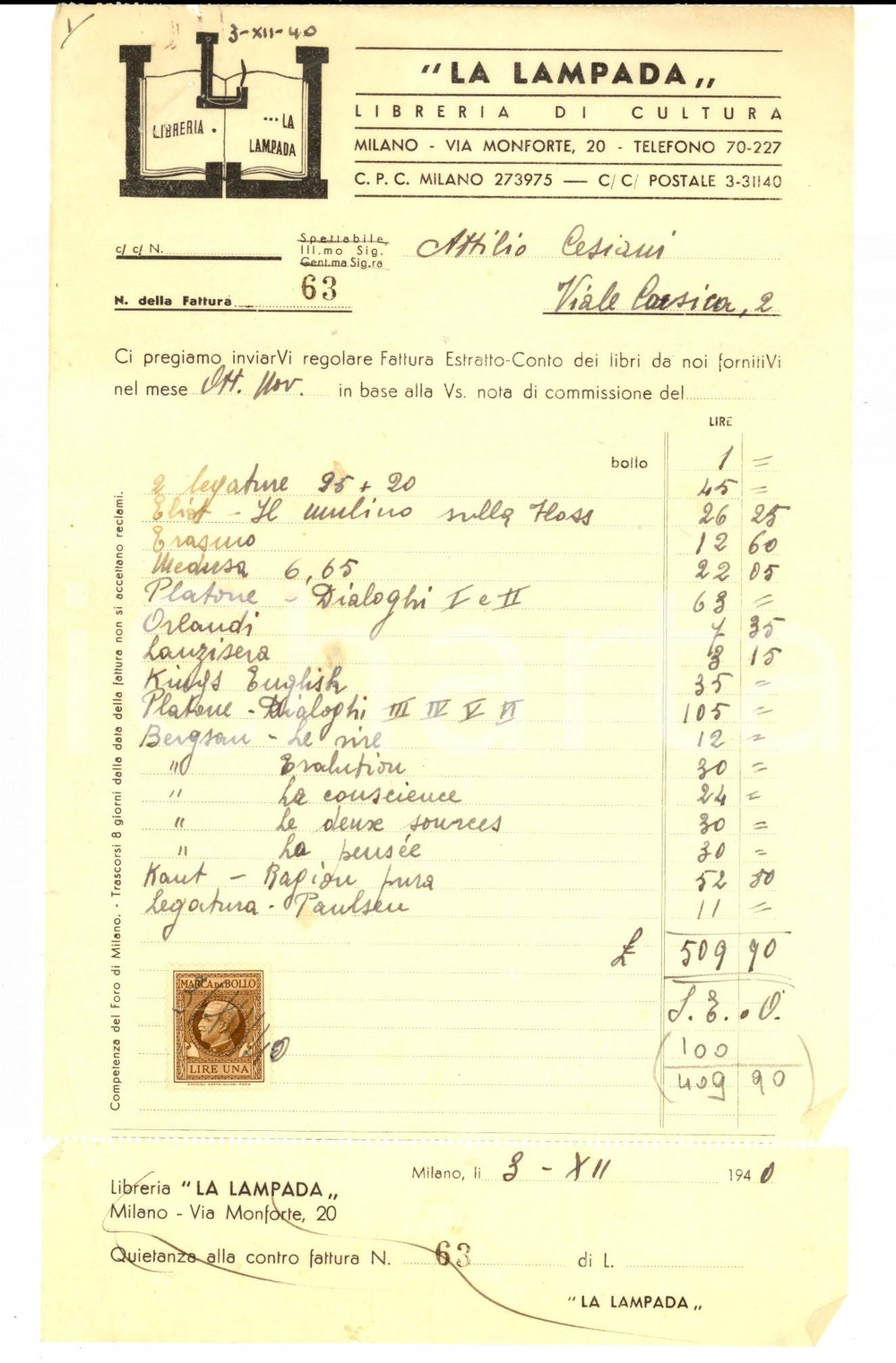 Documento originale, autentico 1940 MILANO via Monforte  LA LAMPADA Libreria di cultura Fattura intestata 1