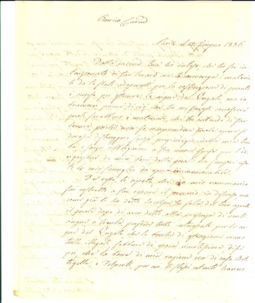 Manoscritto, lettera originale 1836 PAVIA Antonio BETTIGELLA teme danni alla tomba di famiglia Lettera 1