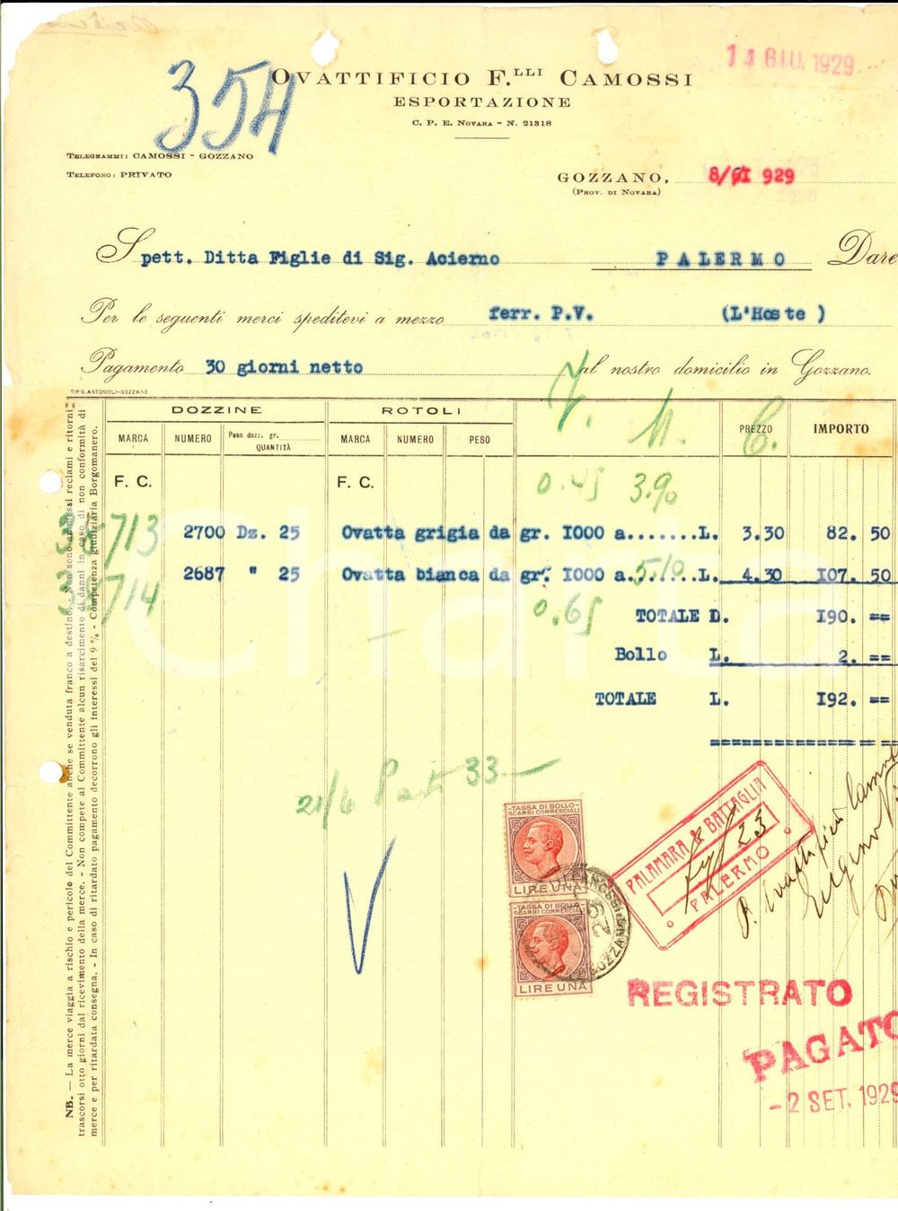 Documento originale, autentico 1929 GOZZANO NO Ovattificio fratelli CAMOSSI esportazione Fattura intestata 1